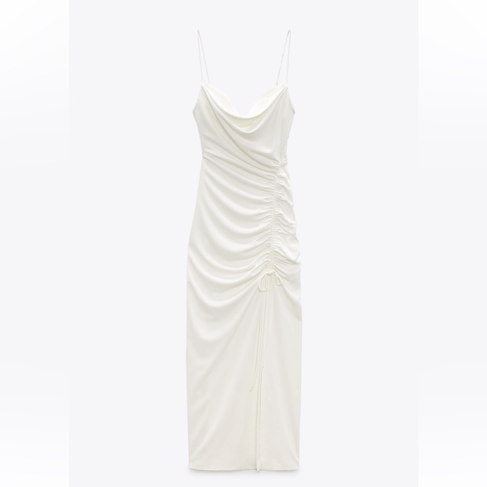 ZARA WHITE MIDI DRESS WITH DRAPED DETAIL